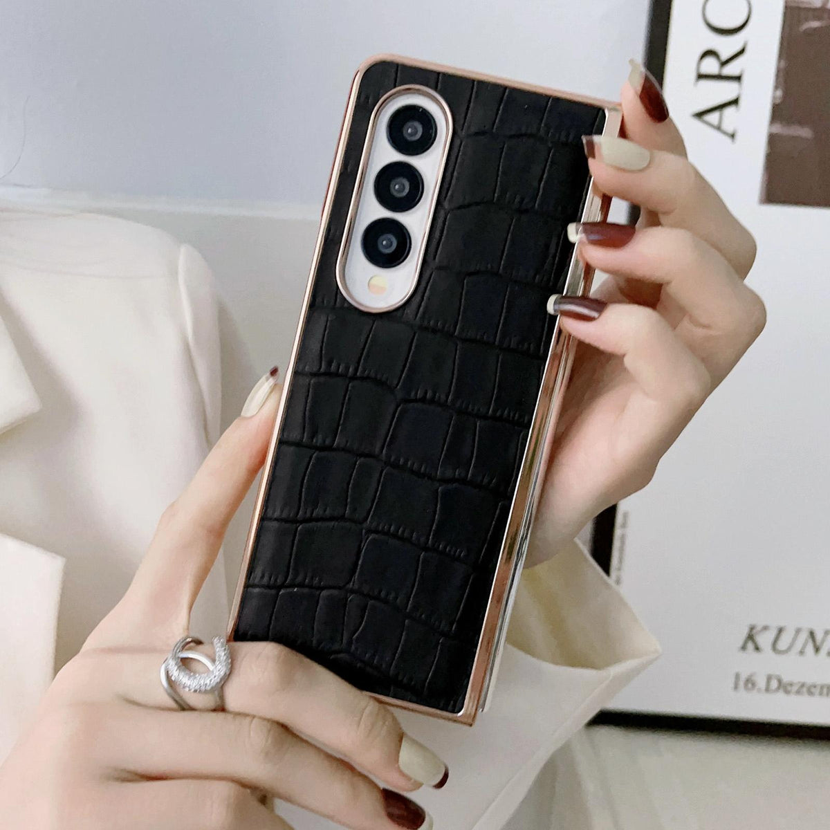 For Samsung Galaxy Z Fold4 5G Crocodile Leather Phone Case - Electroplated - Black
