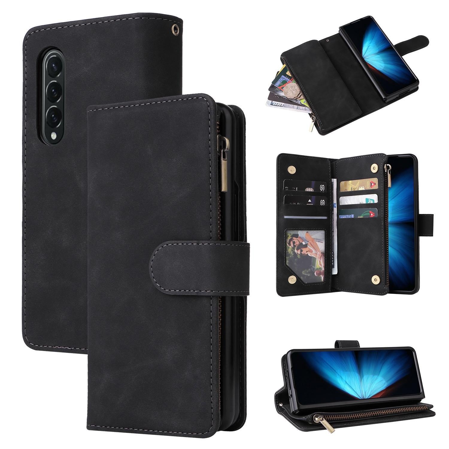 For Samsung Galaxy Z Fold4 5G Frosted Leather Zip Wallet - Compact And Stylish - Black