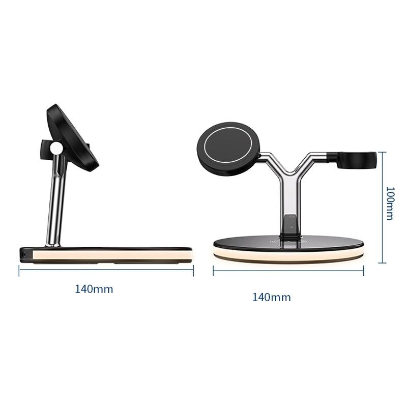 15W 3 In 1 Magnetic Wireless Charger For Phones Watches And Airpods With Led Light - Black