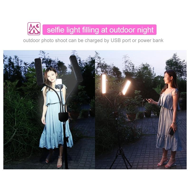 Portable Double Arm Fill Light with Phone Clip - Adjustable Brightness Black