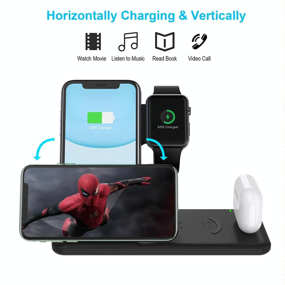 4 In 1 Wireless Charger Stand For Iphone Apple Watch Airpods Dual Phone Charging Black
