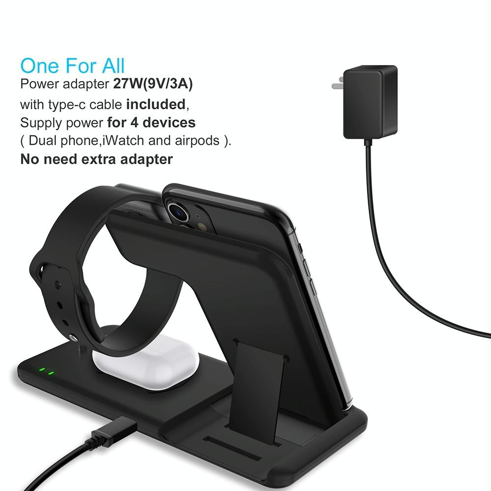 4 In 1 Wireless Charger Stand For Iphone Apple Watch Airpods Dual Phone Charging Black