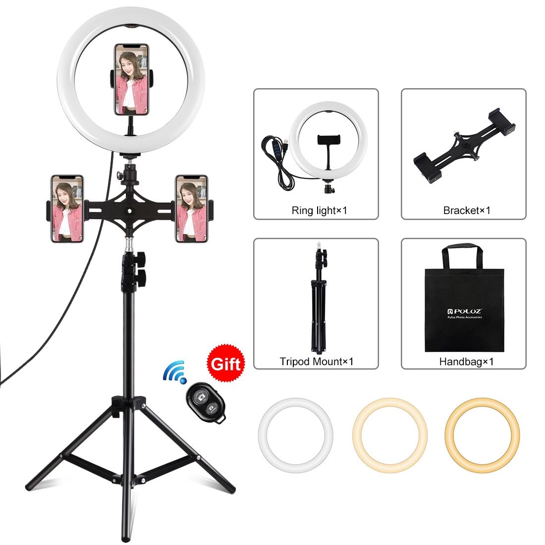 10.2 Led Ring Light with Tripod &amp; Dual Phone Brackets - Usb Dimmable Dual Colour Temperature Selfie Remote - Black