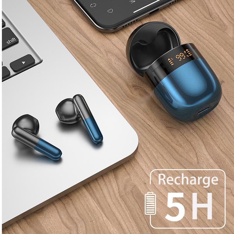 Wireless Bluetooth Earphones with Led Display and Hifi Sound for Sports - Blue