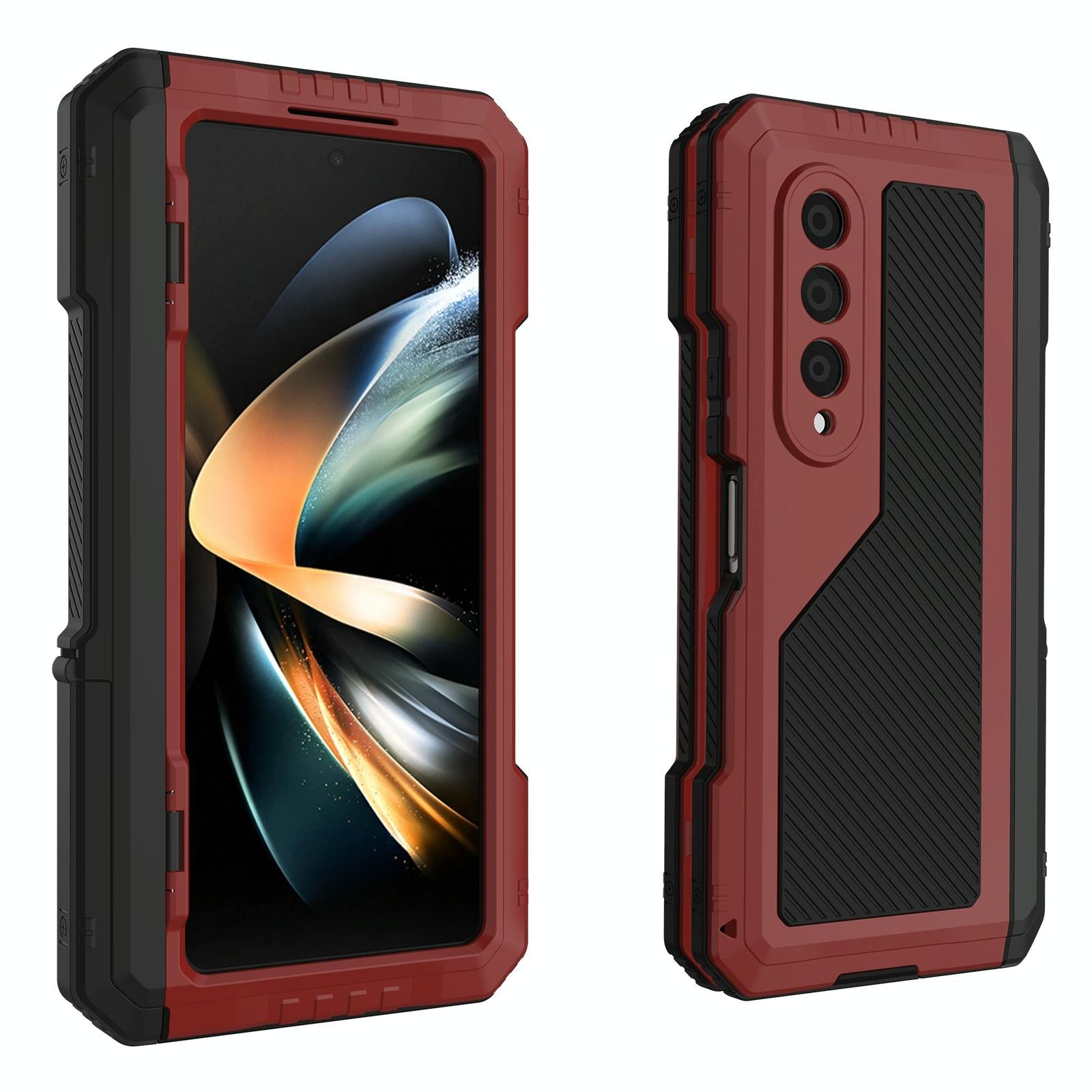 For Samsung Galaxy Z Fold4 5G Waterproof Metal Phone Case With Folding Holder - Red