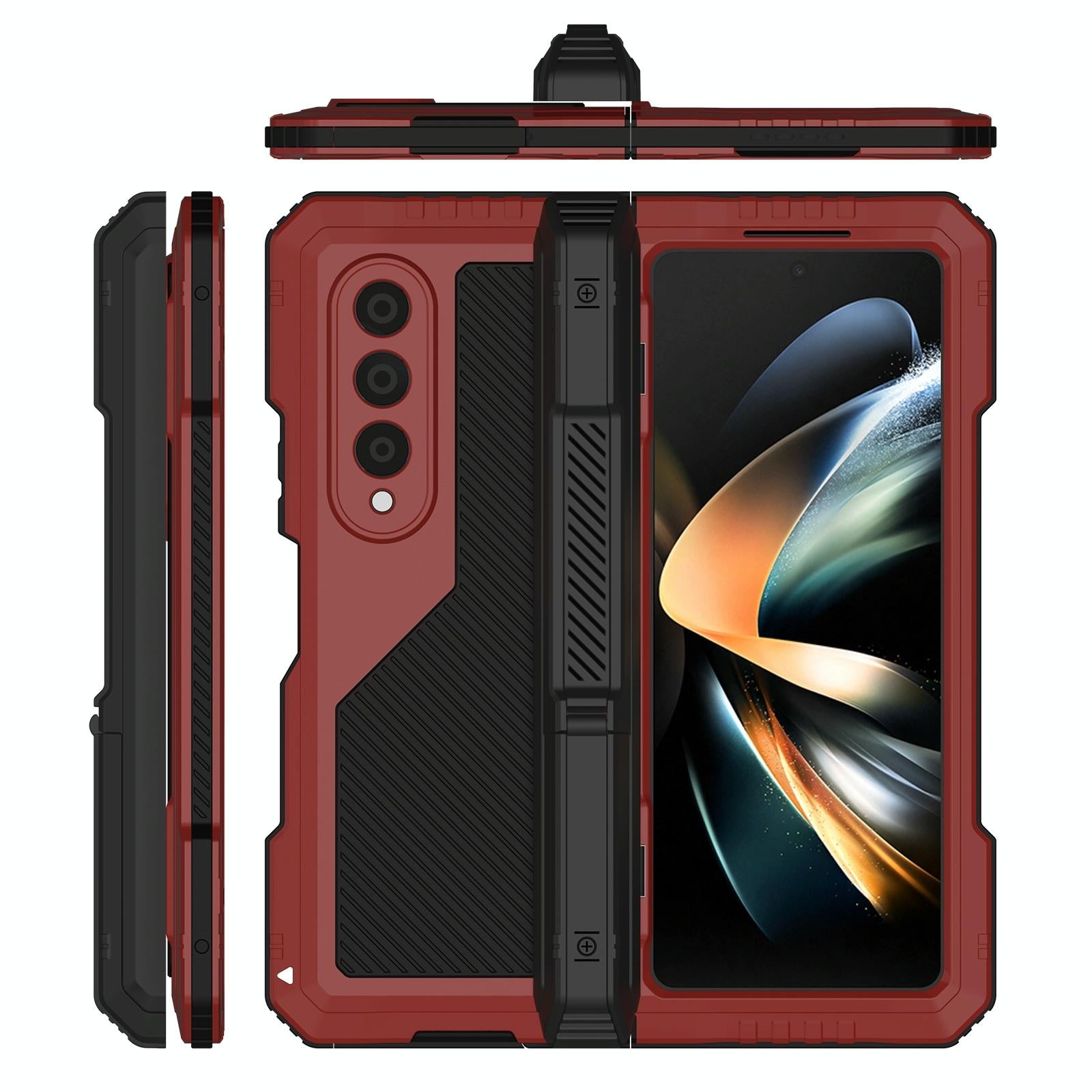 For Samsung Galaxy Z Fold4 5G Waterproof Metal Phone Case With Folding Holder - Red