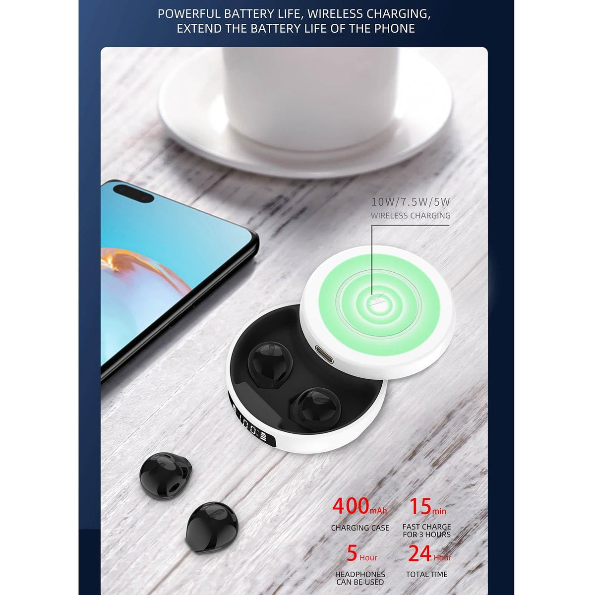 Mini Tws Wireless Bluetooth Earphones with Noise Reduction and Digital Display - White