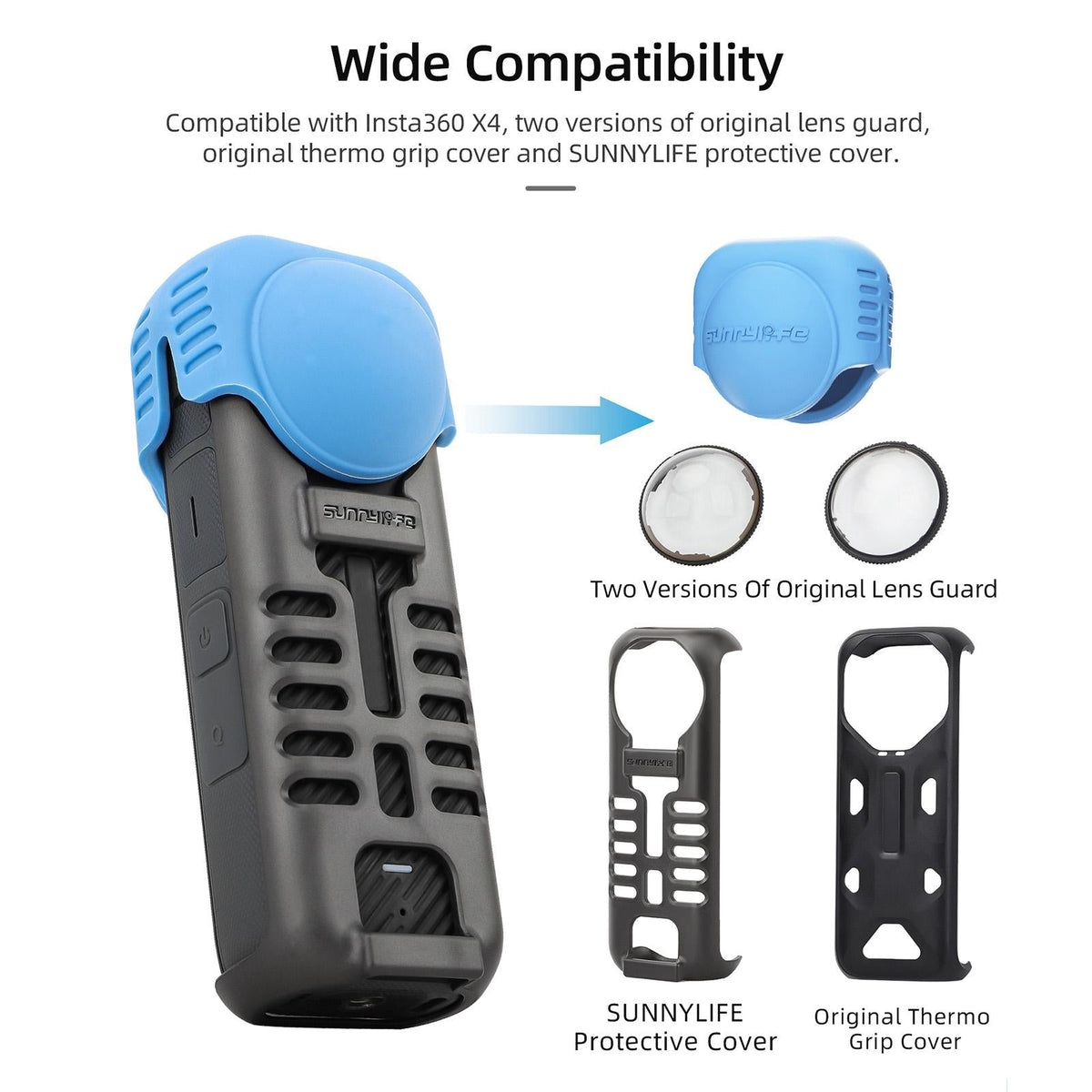 Silicone Shockproof Case and Lens Cover for Insta360 X4 by Sunnylife - Blue - Lens Cover