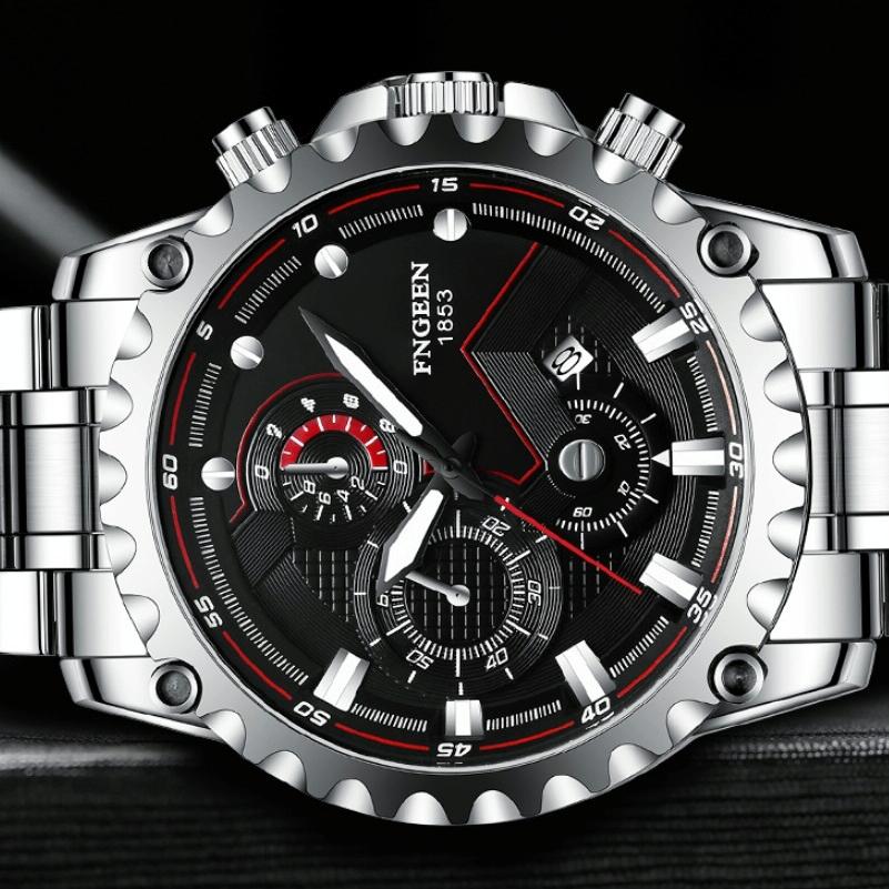 Stainless Steel Waterproof Men Sports Watch - White Steel Black Surface