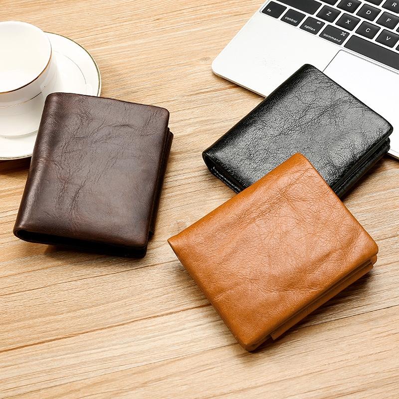 Men Rfid Leather Tri-fold Wallet - Genuine Leather - Coffee