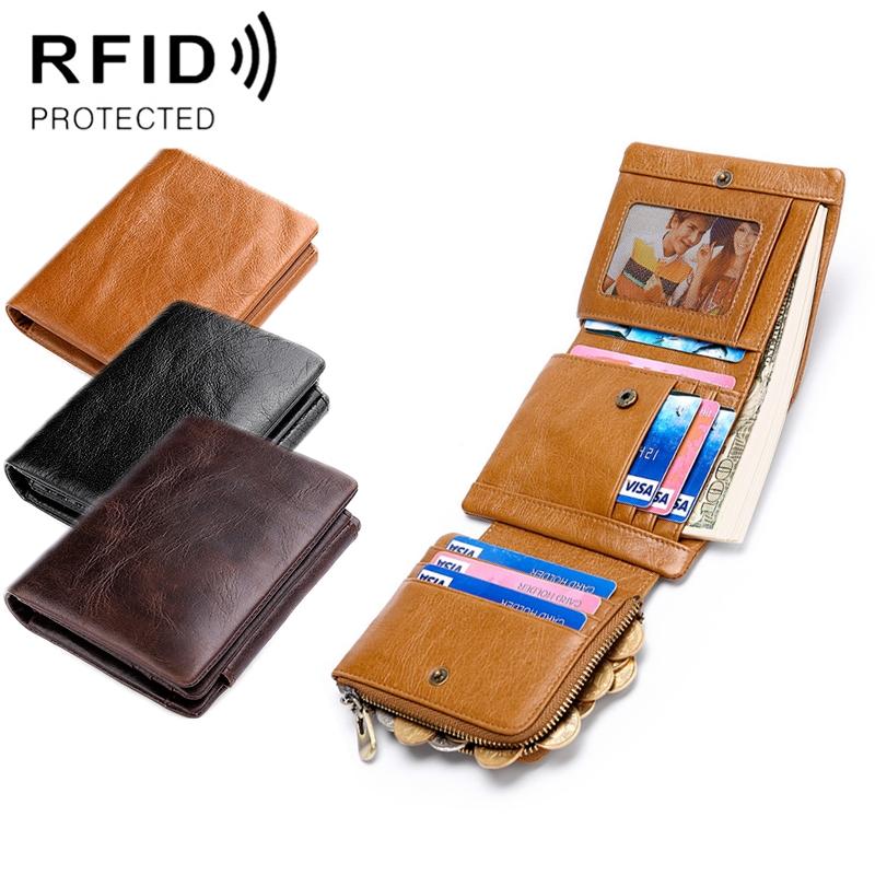 Men Rfid Leather Tri-fold Wallet - Genuine Leather - Coffee