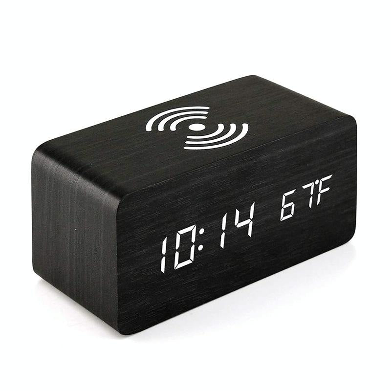 5W Wooden Wireless Charger With Led Mirror Display And Sub Alarm Clock - Rosewood