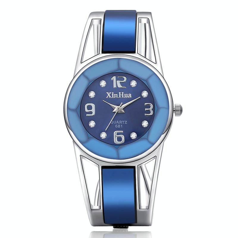 Stainless Steel Diamond Bracelet Watch for Women - Hollow Mirror Surface - Blue