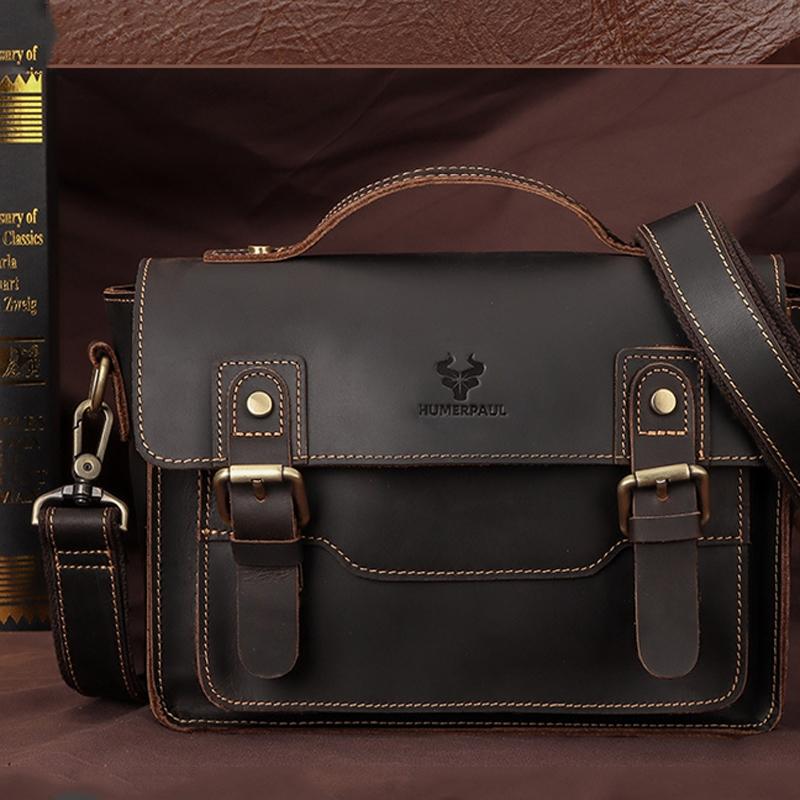 Retro Leather Men Crossbody Bag Small Square - Coffee