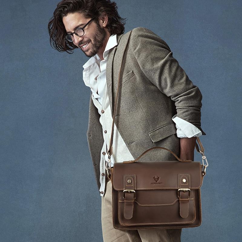 Retro Leather Men Crossbody Bag Small Square - Coffee