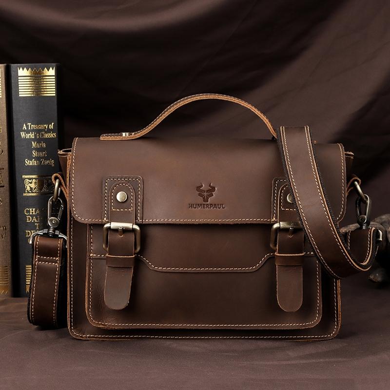 Retro Leather Men Crossbody Bag Small Square - Coffee