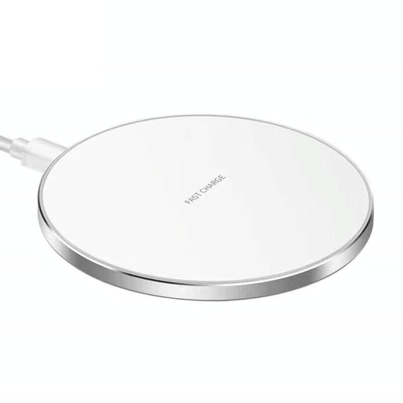 15W Round Wireless Charger Fast Charge - Silver + White Surface