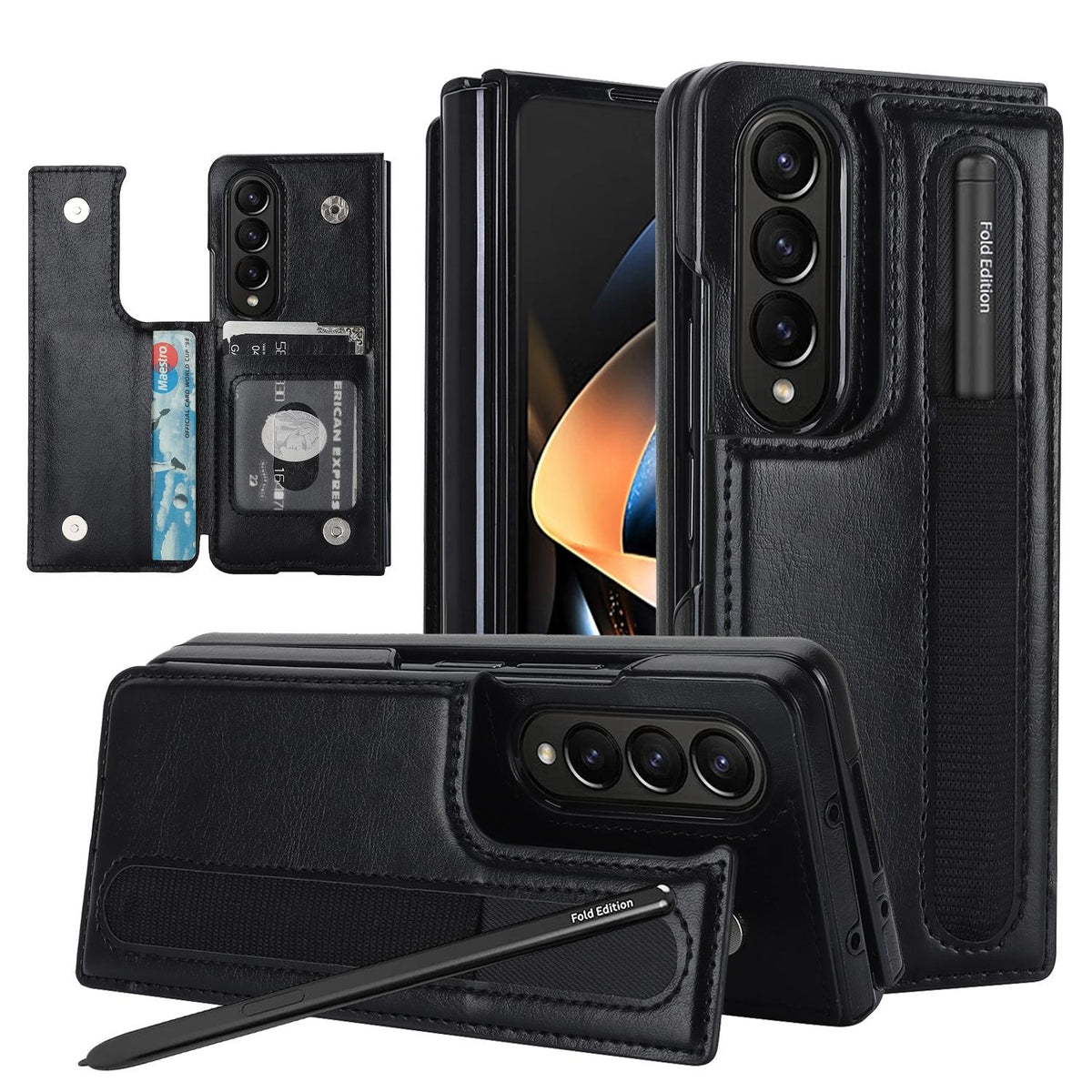 For Samsung Galaxy Z Fold4 5G Double Buckle Foldable Phone Case With Pen Slot - Black