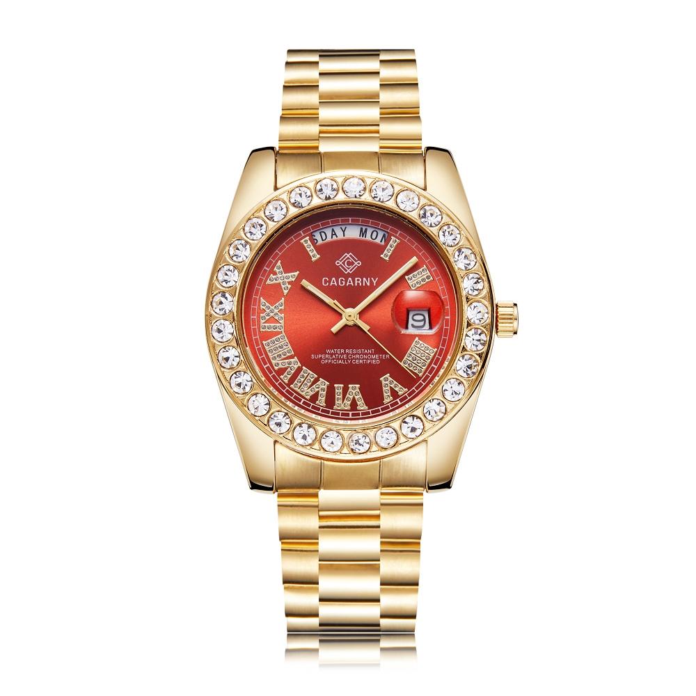 Men Quartz Watch With Diamond-Encrusted Roman Numeral Dial - Gold Shell Red Dial