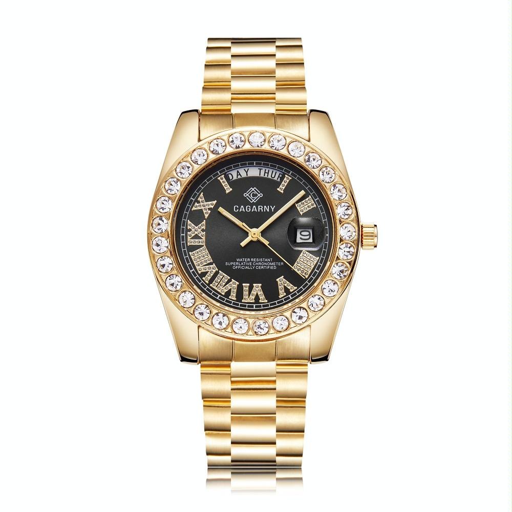 Men Quartz Watch With Diamond-Encrusted Roman Numeral Dial - Gold Shell Red Dial