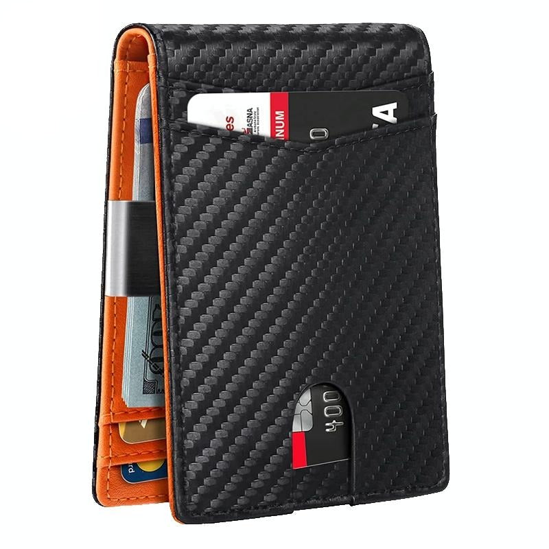 Rfid-protected Leather Credit Card Wallet - Secure & Stylish - Carbon Fiber Black Orange Inside