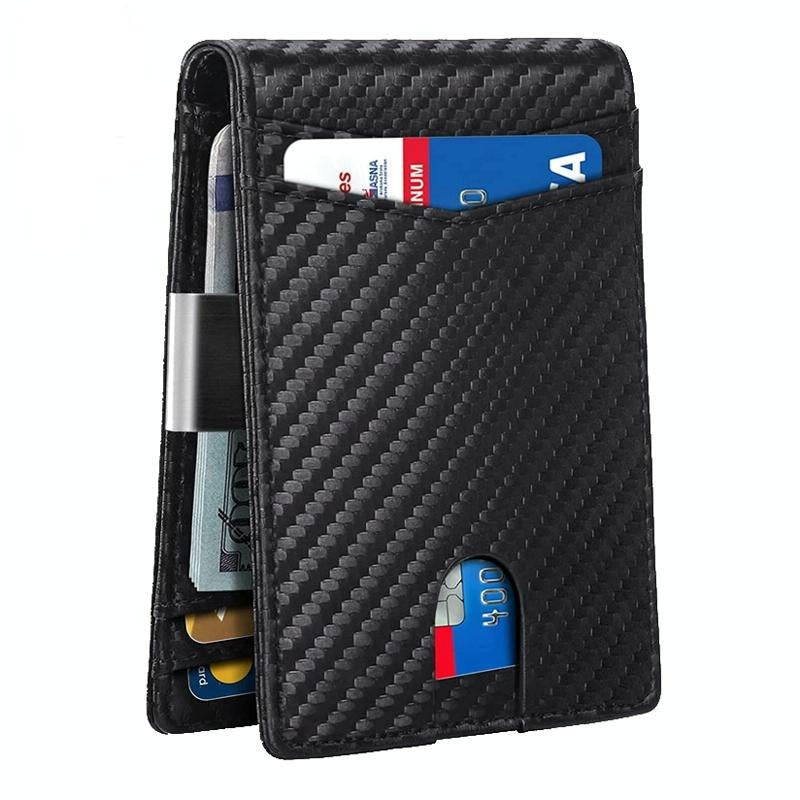 Rfid-protected Leather Credit Card Wallet - Secure & Stylish - Carbon Fiber Black Orange Inside