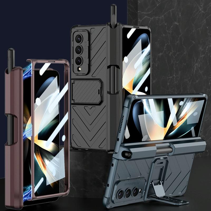 For Samsung Galaxy Z Fold4 5G Magnetic Armor Case With Push Pen - Silver