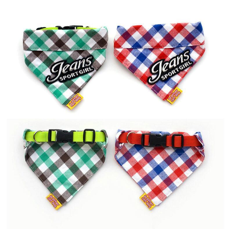 Pure Cotton Plaid Dog Scarf Small And Medium-Sized Dog Saliva Towel - Size S 20-30Cm - Green