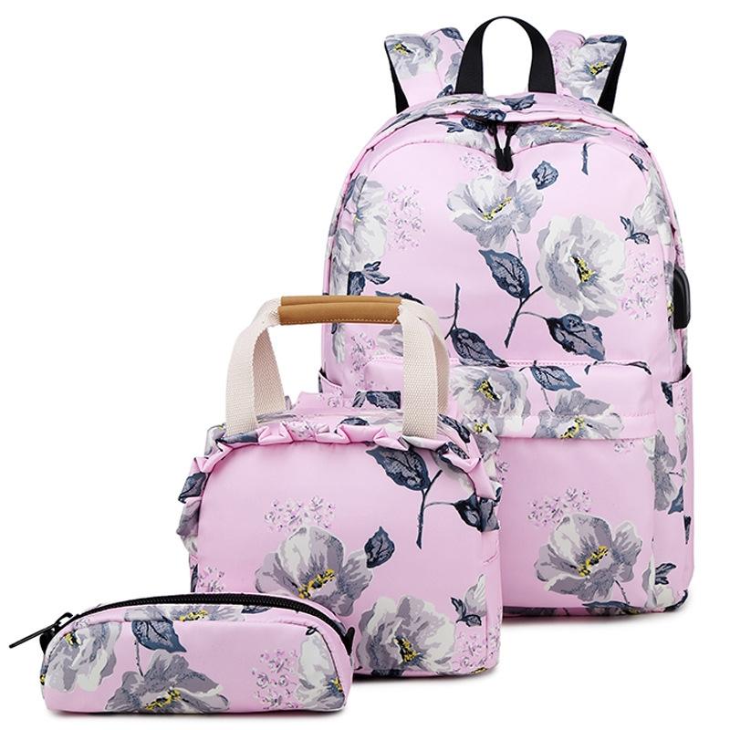 Small Fresh Printed Backpack Set - 3 Pieces for Students - Black