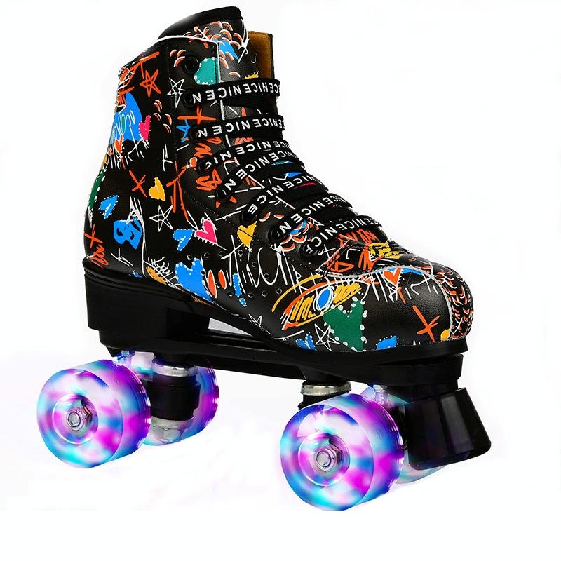 Double Row Four-wheel Roller Skating Shoes for Adult Children - Size 34 - Flash Wheel Black