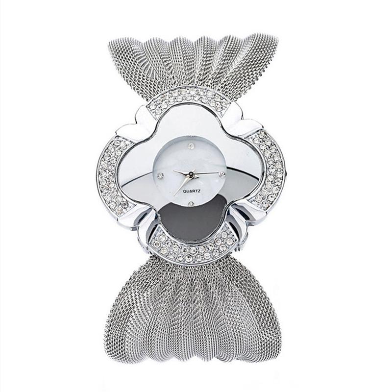Silver Flower Mirror Watch with Diamond Grid Strap for Women