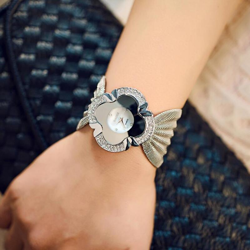 Silver Flower Mirror Watch with Diamond Grid Strap for Women