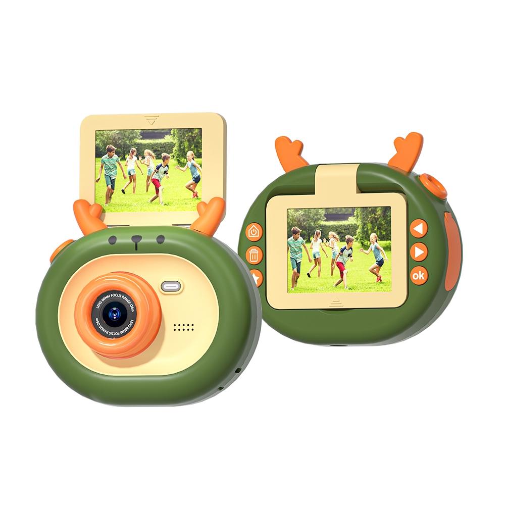 180-degree Flip-screen Cartoon Digital Camera with Stand 2.4-inch 1080p Hd - Dark Green