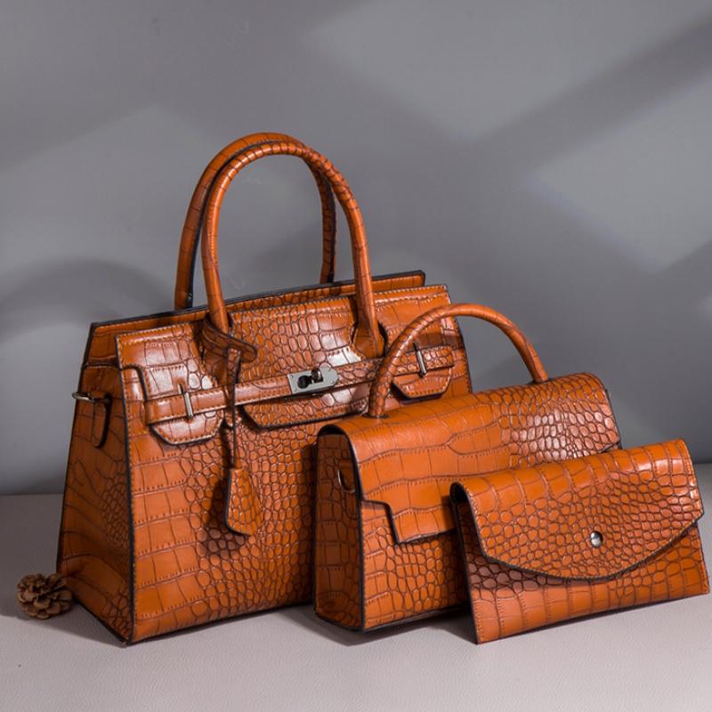 Large Capacity 3-in-1 Crocodile Print Crossbody Tote - Diagonal Design - Rose Red