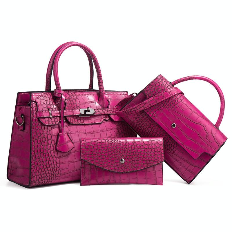 Large Capacity 3-in-1 Crocodile Print Crossbody Tote - Diagonal Design - Rose Red