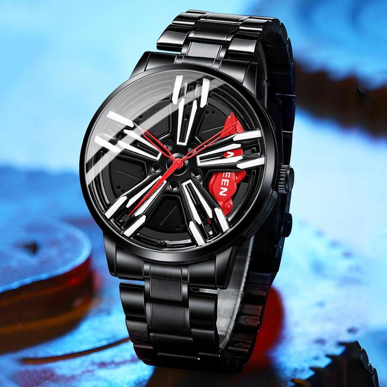 Men Metal Motorcycle Watch with Rotating Hub - Black Steel Green Surface