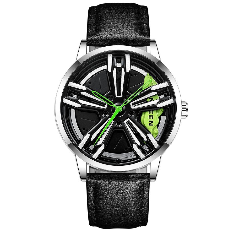Men Metal Motorcycle Watch with Rotating Hub - Black Steel Green Surface