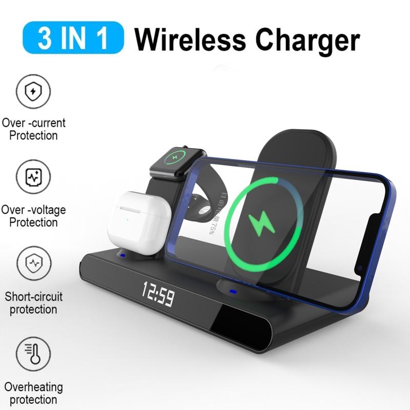 15W Wireless Fast Charge Stand With Clock And Folding Design-White