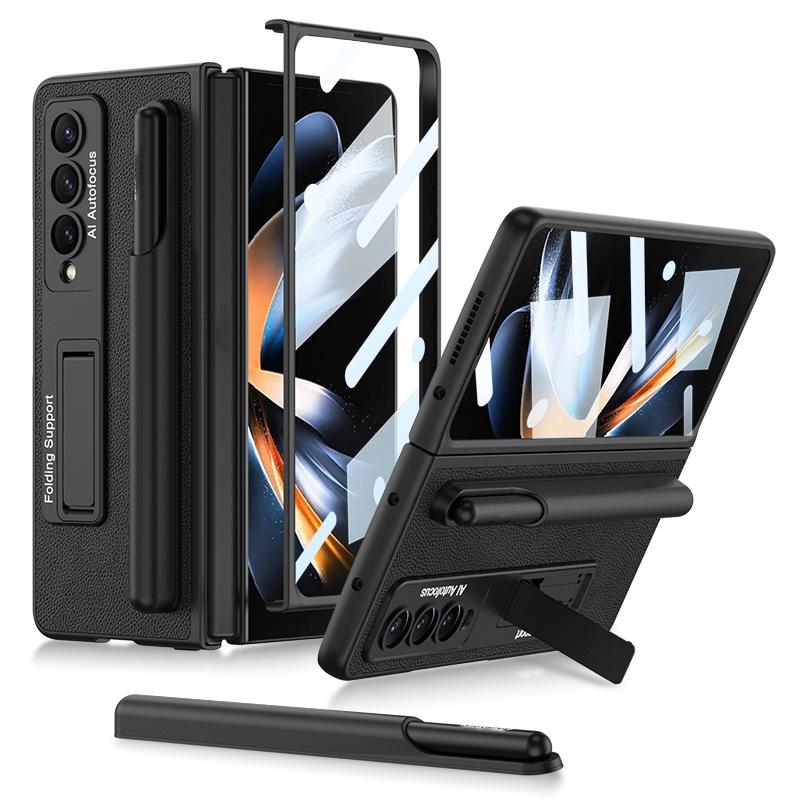 For Samsung Galaxy Z Fold4 5G Leather Case With Holder &amp; Pen Slots - Thin &amp; Shockproof - Black