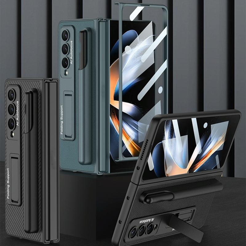 For Samsung Galaxy Z Fold4 5G Leather Case With Holder & Pen Slots - Thin & Shockproof - Black