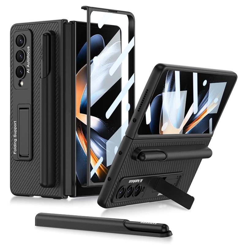 For Samsung Galaxy Z Fold4 5G Leather Case With Holder & Pen Slots - Thin & Shockproof - Black