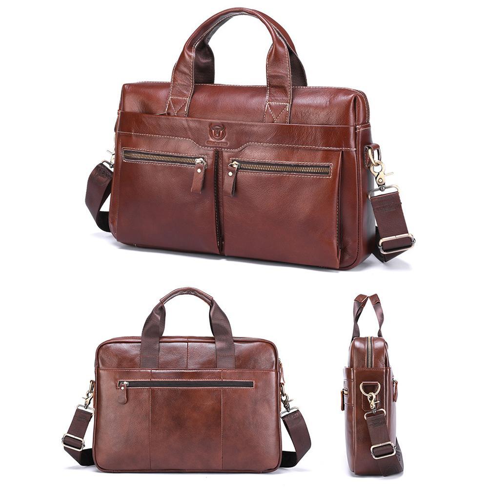 Large Capacity Retro Cowhide Briefcase - Coffee Metal
