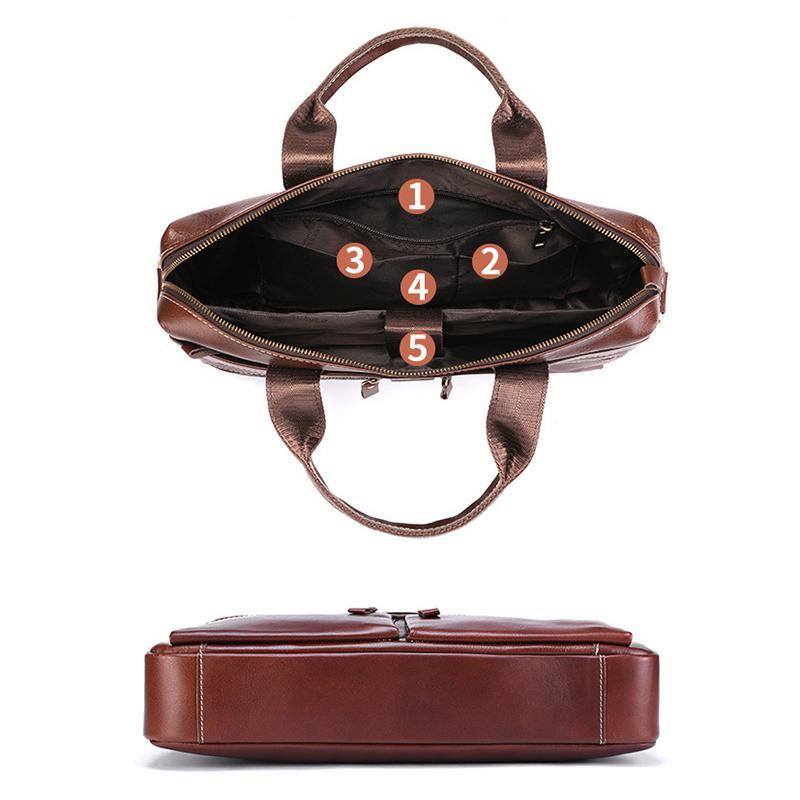 Large Capacity Retro Cowhide Briefcase - Coffee Metal