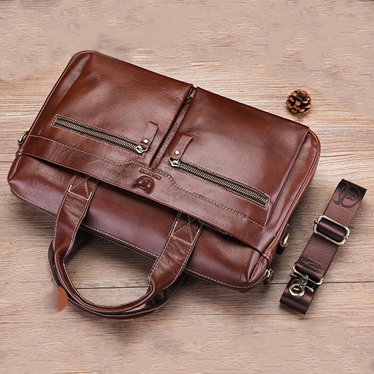 Large Capacity Retro Cowhide Briefcase - Coffee Metal