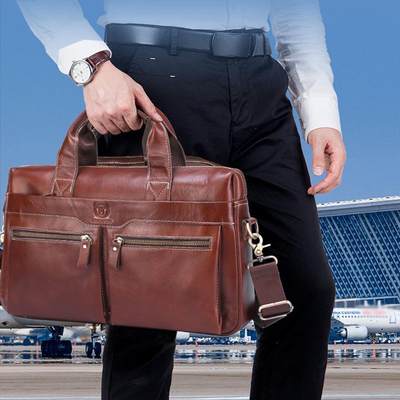 Large Capacity Retro Cowhide Briefcase - Coffee Metal