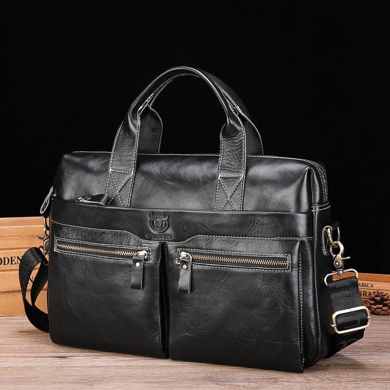 Large Capacity Retro Cowhide Briefcase - Coffee Metal