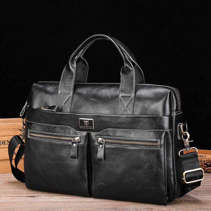 Large Capacity Retro Cowhide Briefcase - Coffee Metal