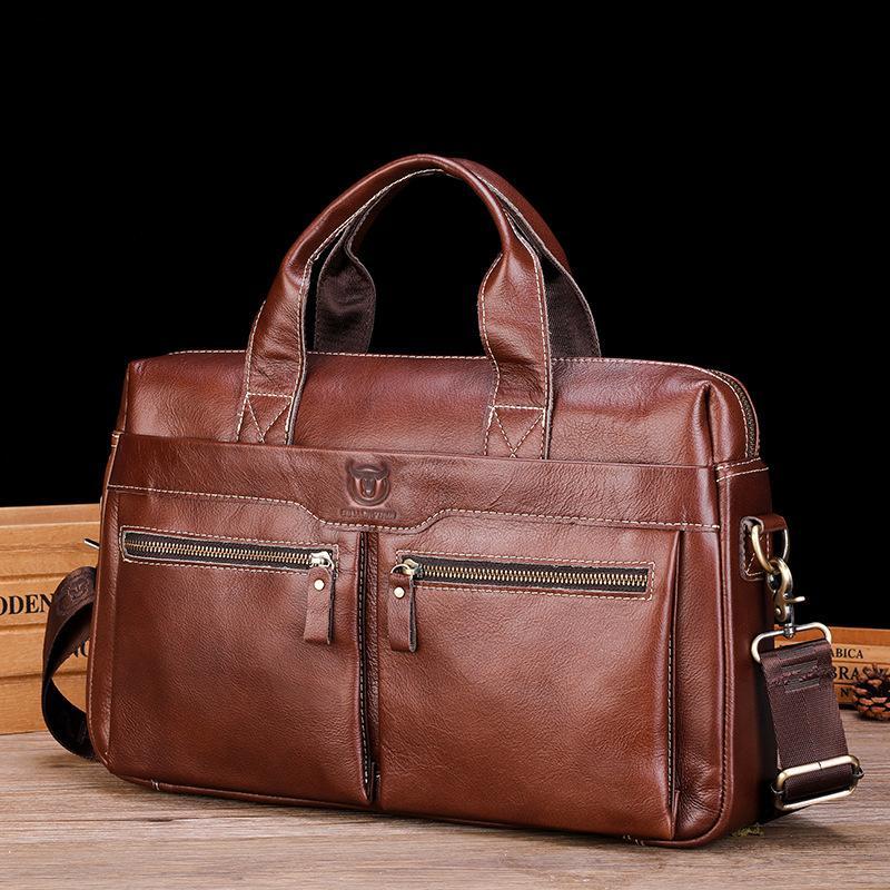 Large Capacity Retro Cowhide Briefcase - Coffee Metal