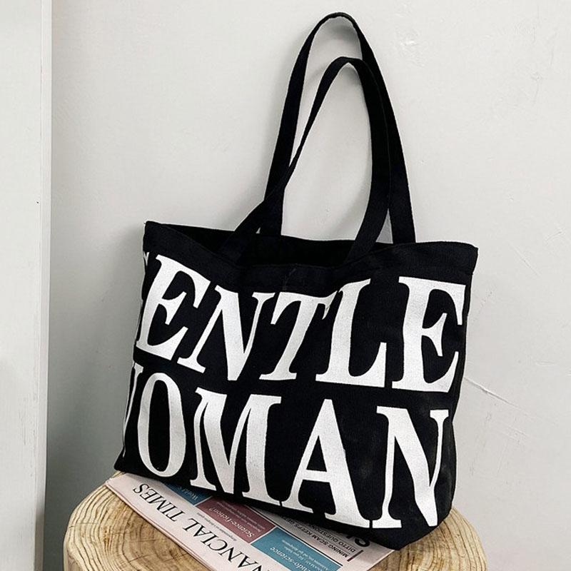 Black Women Canvas Shoulder Tote Printed Letters