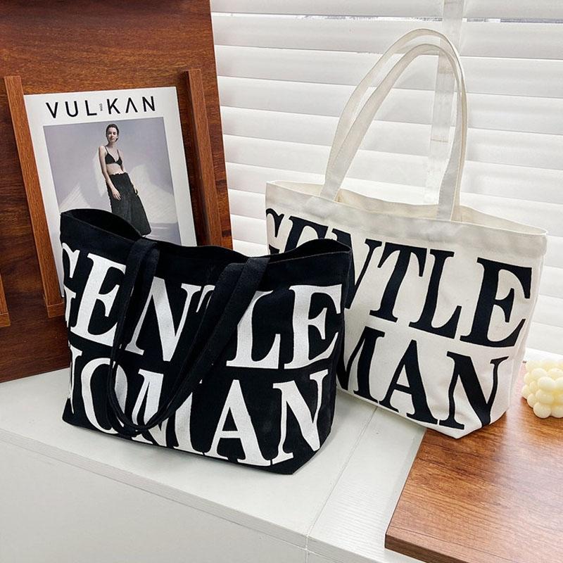 Black Women Canvas Shoulder Tote Printed Letters